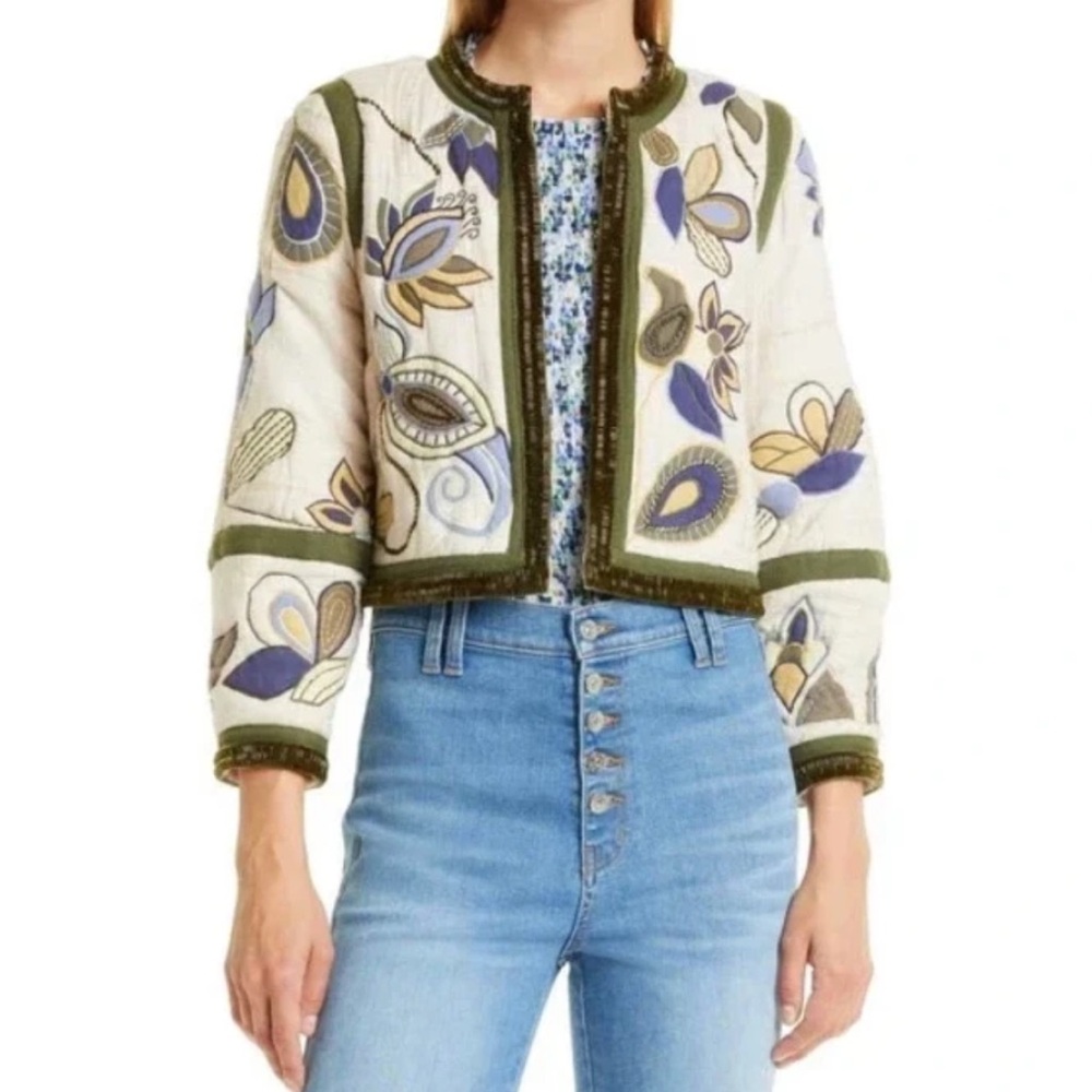 Veronica Beard Benica Embroidered Floral Silk Jacket in Oyster - Picture 1 of 16